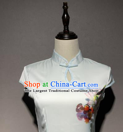 China Classical Printing Lotus Cheongsam Catwalks Stage Performance Costume Qipao Dress