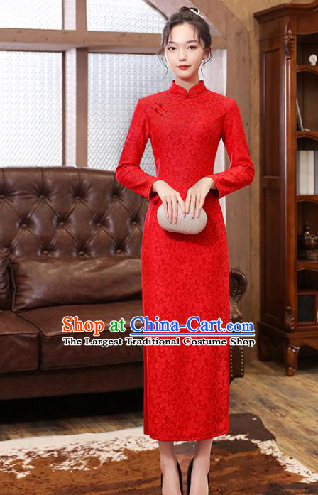 Chinese Classical Wedding Red Lace Qipao Dress Traditional National Costume Bride Cheongsam