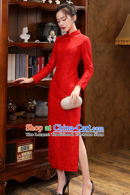 Chinese Classical Wedding Red Lace Qipao Dress Traditional National Costume Bride Cheongsam