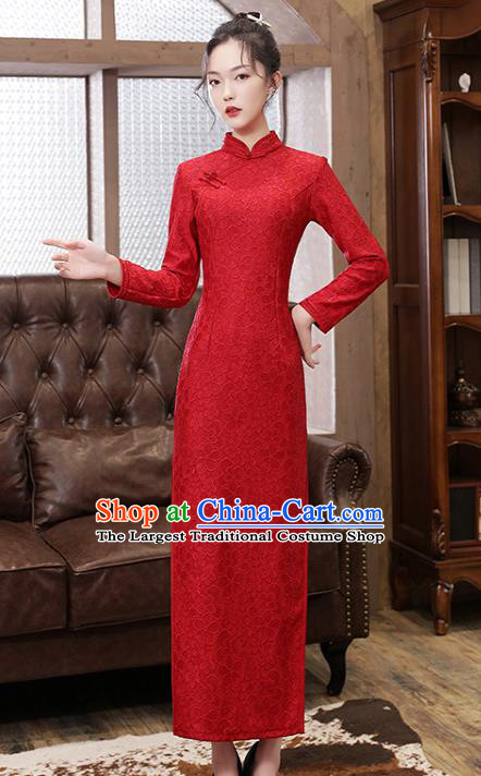 Chinese Traditional National Costume Bride Cheongsam Classical Wedding Dark Red Lace Qipao Dress