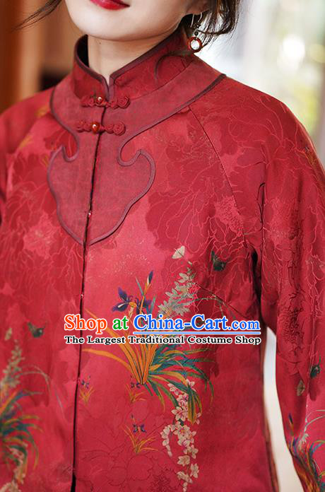 China Tang Suit Overcoat National Women Clothing Classical Orchids Pattern Red Silk Jacket