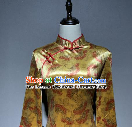 China Golden Brocade Cheongsam Catwalks Stage Performance Costume Classical Dance Qipao Dress