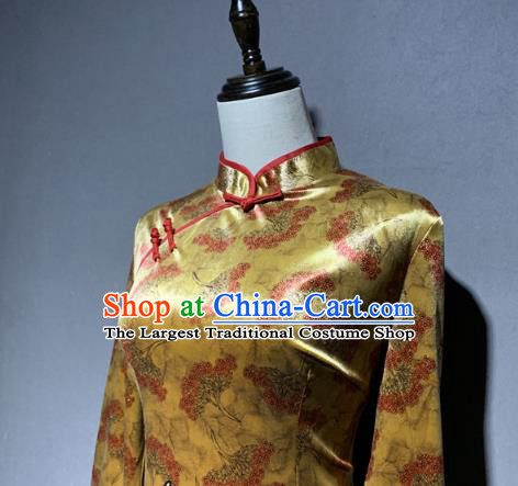 China Golden Brocade Cheongsam Catwalks Stage Performance Costume Classical Dance Qipao Dress