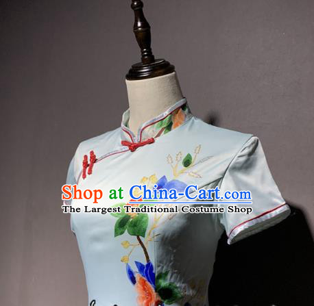 China Classical Dance Qipao Dress Printing Peony Silk Cheongsam Catwalks Stage Performance Costume