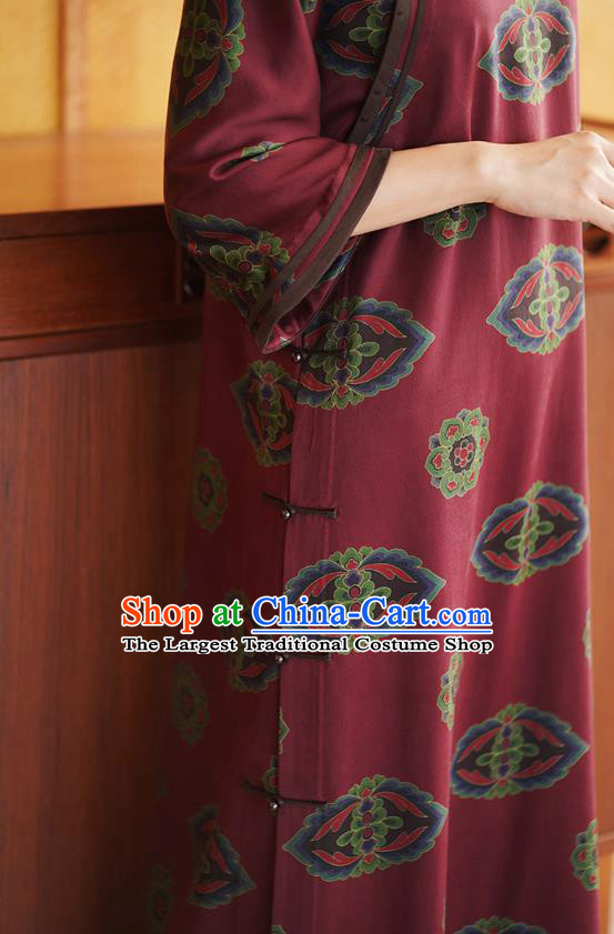 Republic of China Classical Dark Red Silk Cheongsam National Female Qipao Dress Costume