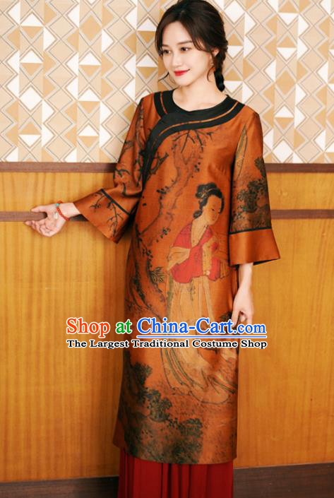 China National Women Clothing Classical Beauty Pattern Orange Silk Long Gown Tang Suit Overcoat