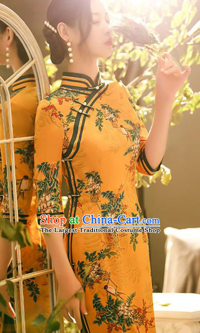 Chinese Classical Golden Silk Qipao Dress Traditional Stage Show Costume Shanghai Young Lady Cheongsam