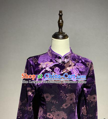 China Shanghai Purple Velvet Qipao Dress Catwalks Stage Performance Costume Mother Cheongsam