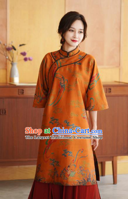 China Tang Suit Overcoat National Women Clothing Classical Goddess Pattern Orange Silk Long Gown