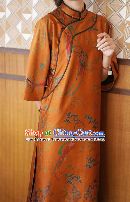China Tang Suit Overcoat National Women Clothing Classical Goddess Pattern Orange Silk Long Gown