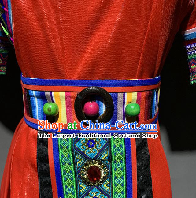 Chinese Pumi Nationality Minority Costumes Yunnan Ethnic Folk Dance Dress Outfits and Headwear