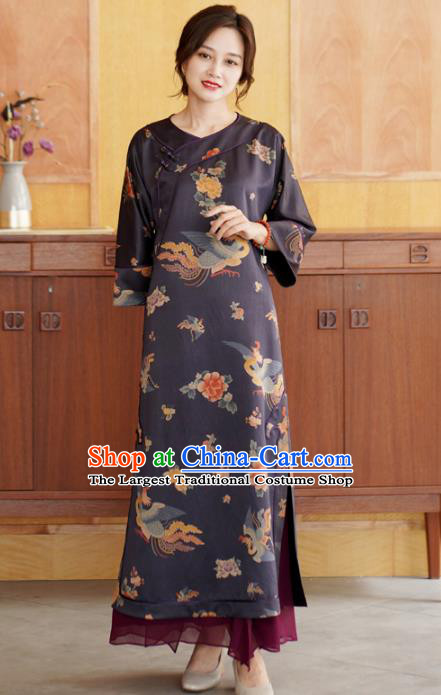 China National Young Women Qipao Dress Classical Phoenix Peony Pattern Purple Silk Cheongsam