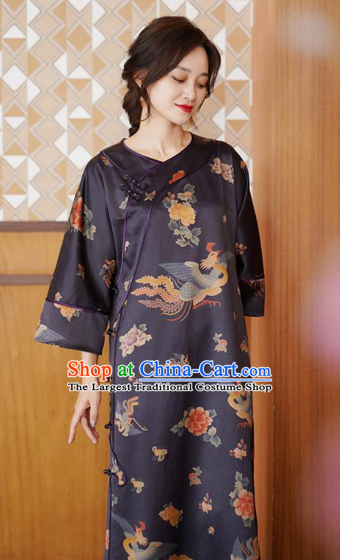 China National Young Women Qipao Dress Classical Phoenix Peony Pattern Purple Silk Cheongsam