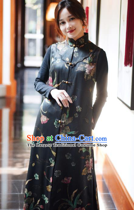 Chinese Classical Hand Painting Peony Black Silk Vest National Women Tang Suit Long Waistcoat