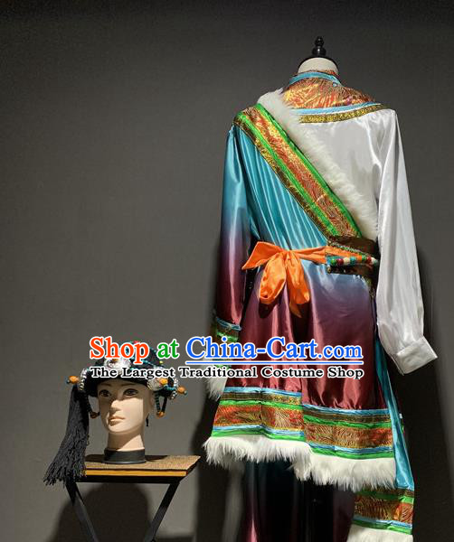Chinese Zang Nationality Stage Performance Costumes Tibetan Ethnic Minority Male Robe Outfits and Headpiece