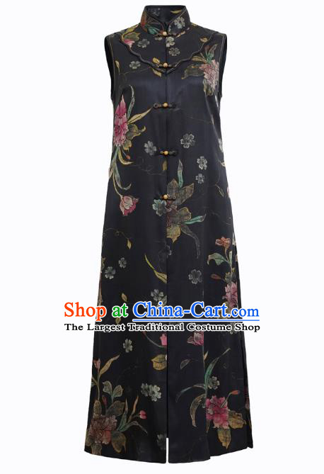Chinese Classical Hand Painting Peony Black Silk Vest National Women Tang Suit Long Waistcoat