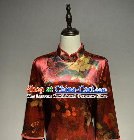 China Catwalks Stage Performance Costume Mother Cheongsam Shanghai Dark Red Silk Qipao Dress