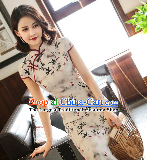 Chinese Traditional Stage Show Costume Classical Dance Cheongsam Classical Printing White Qipao Dress