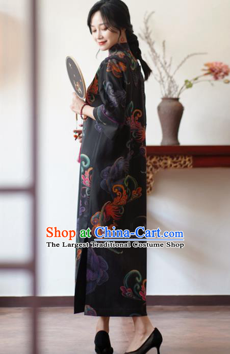 China National Young Women Gambiered Guangdong Gauze Long Qipao Dress Classical Phoenix Pattern Black Silk Cheongsam