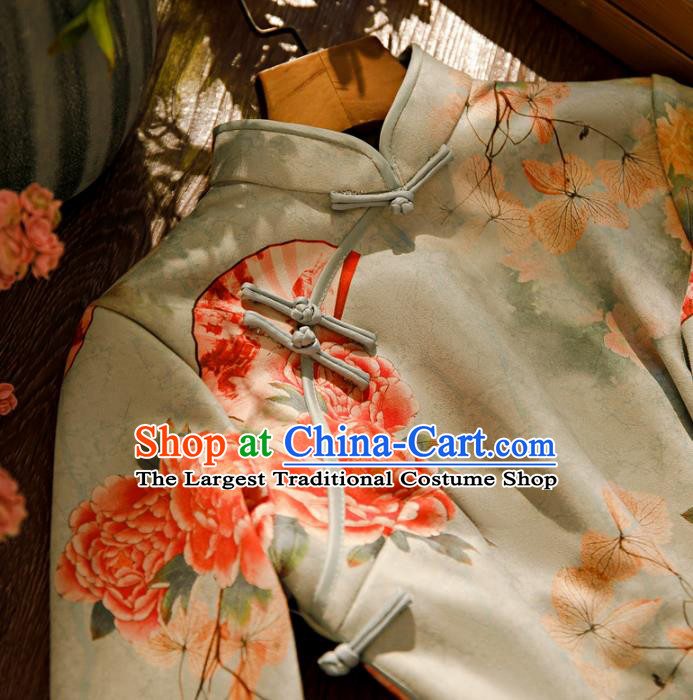 Chinese Traditional Young Beauty Cheongsam Clothing Classical Printing Peony Light Green Qipao Dress