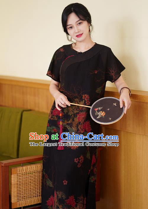 China National Modern Black Silk Qipao Costume Classical Cheongsam Dress