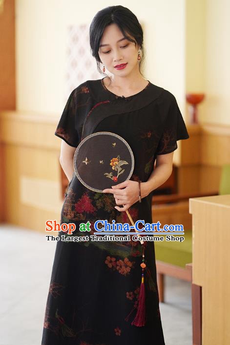China National Modern Black Silk Qipao Costume Classical Cheongsam Dress