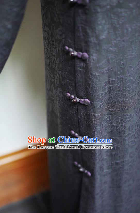 China National Female Embroidered Dark Purple Cheongsam Classical Silk Qipao Dress