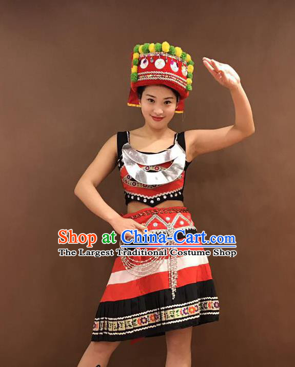 Chinese Miao Nationality Costumes Hmong Ethnic Minority Folk Dance Outfits and Hat