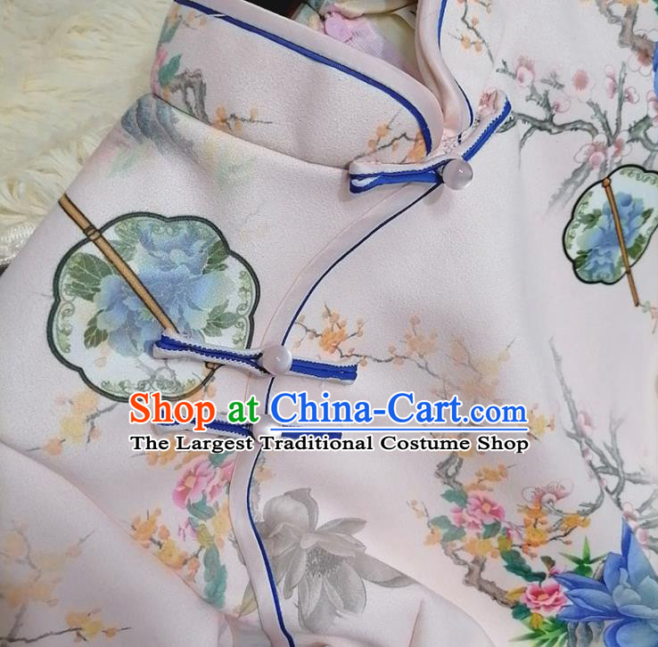 Chinese Classical Printing Blue Mangnolia Qipao Dress Traditional Shanghai Women Cheongsam Clothing