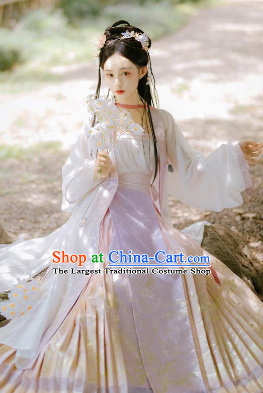 China Ancient Young Beauty Embroidered Costumes Traditional Song Dynasty Country Girl Hanfu Clothing