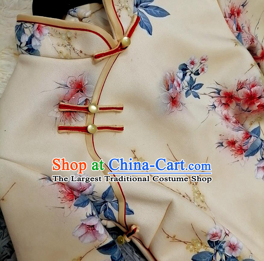 Chinese Classical Printing Peach Blossom Qipao Dress Traditional Shanghai Women Light Yellow Cheongsam