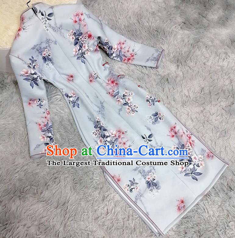 Chinese Traditional Shanghai Light Blue Cheongsam Classical Printing Plum Blossom Qipao Dress