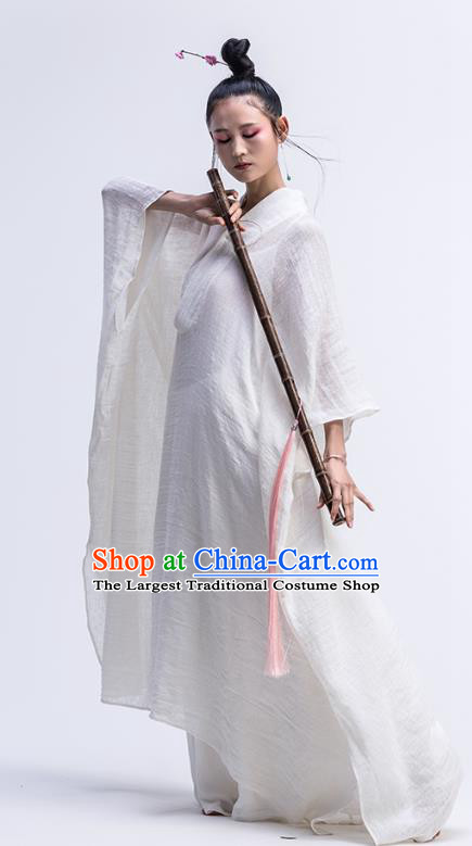 Chinese Traditional Martial Arts Clothing Classical Dance Costume National White Flax Dress