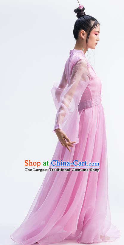 Chinese National Pink Silk Dress Traditional Stage Performance Clothing Classical Dance Costume