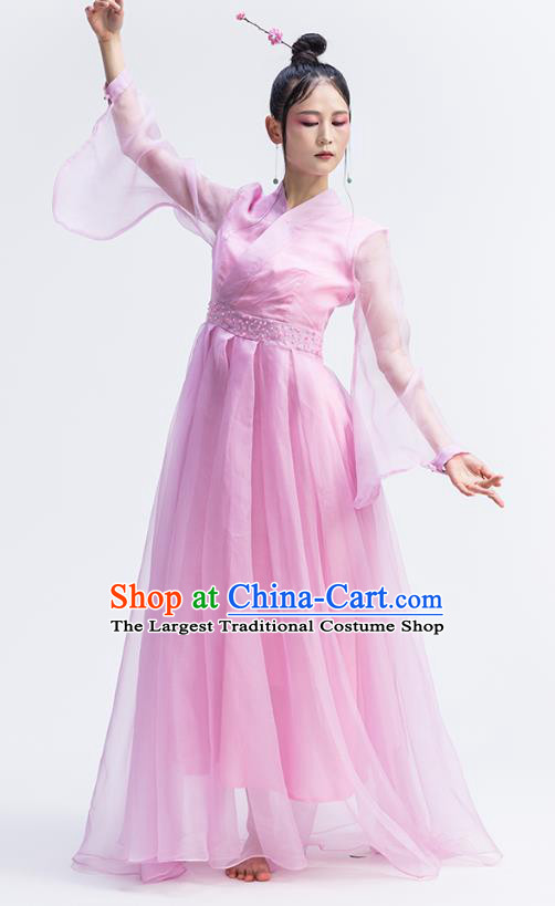 Chinese National Pink Silk Dress Traditional Stage Performance Clothing Classical Dance Costume