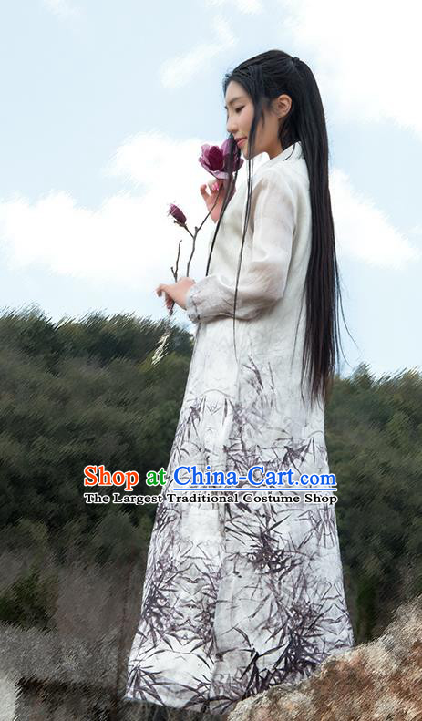 Chinese National Ink Painting White Silk Dress Traditional Zen Clothing Martial Arts Costume
