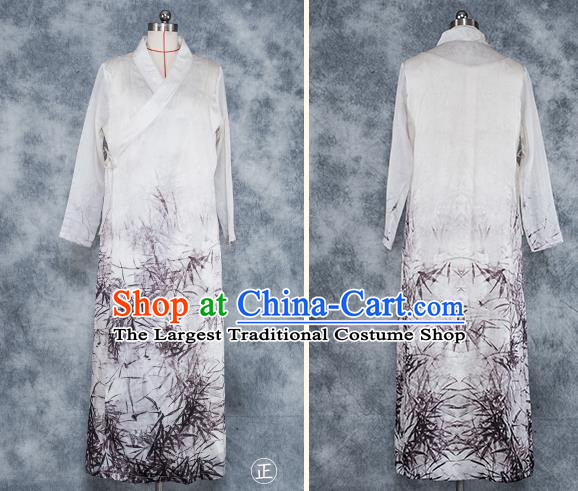 Chinese National Ink Painting White Silk Dress Traditional Zen Clothing Martial Arts Costume