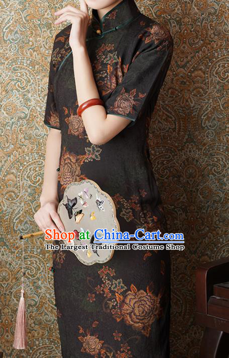 Chinese Slim Qipao Dress Traditional Printing Peony Black Tencel Cheongsam National Shanghai Beauty Costume