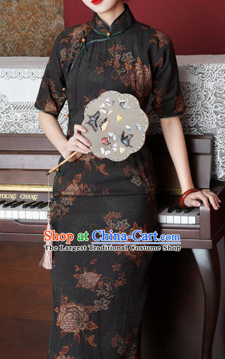 Chinese Slim Qipao Dress Traditional Printing Peony Black Tencel Cheongsam National Shanghai Beauty Costume