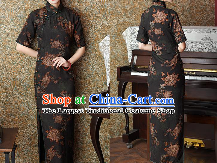 Chinese Slim Qipao Dress Traditional Printing Peony Black Tencel Cheongsam National Shanghai Beauty Costume
