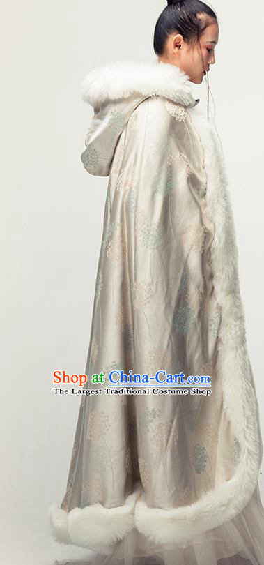 Chinese Traditional Winter Light Golden Satin Long Cape Ancient Princess Cloak Clothing