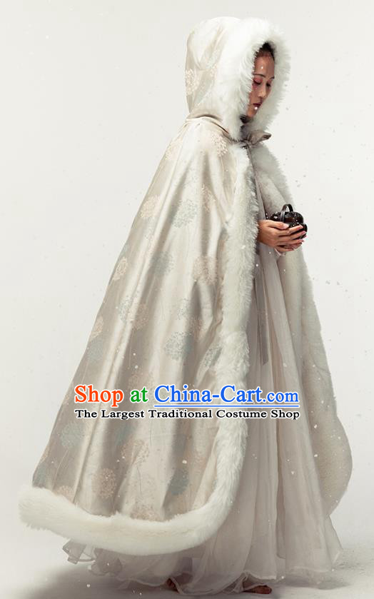 Chinese Traditional Winter Light Golden Satin Long Cape Ancient Princess Cloak Clothing