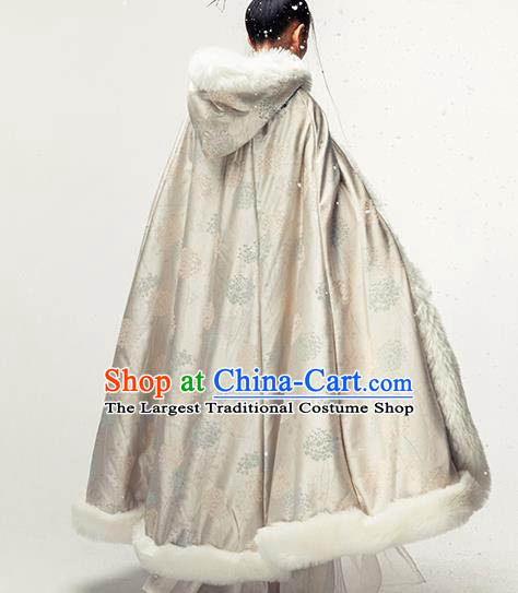 Chinese Traditional Winter Light Golden Satin Long Cape Ancient Princess Cloak Clothing