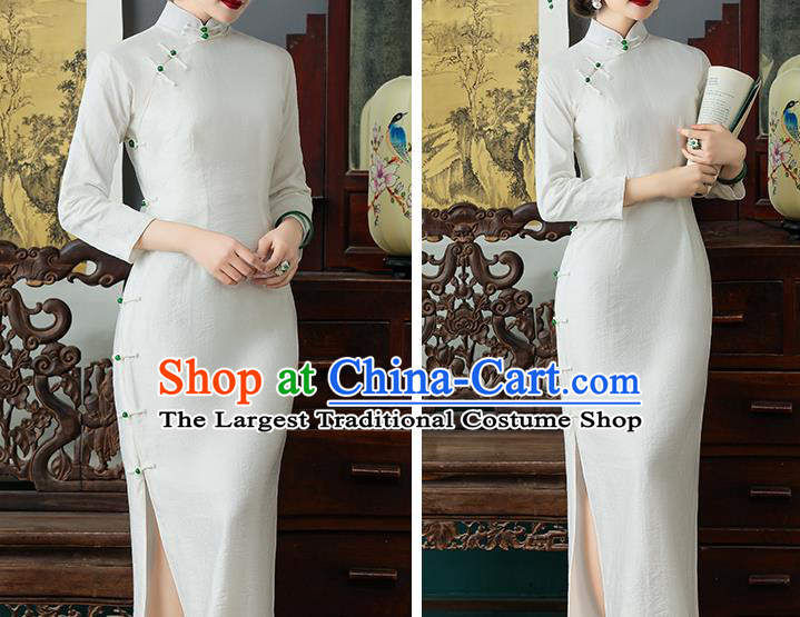 Chinese Classical White Tencel Qipao Dress National Woman Costume Traditional Shanghai Cheongsam