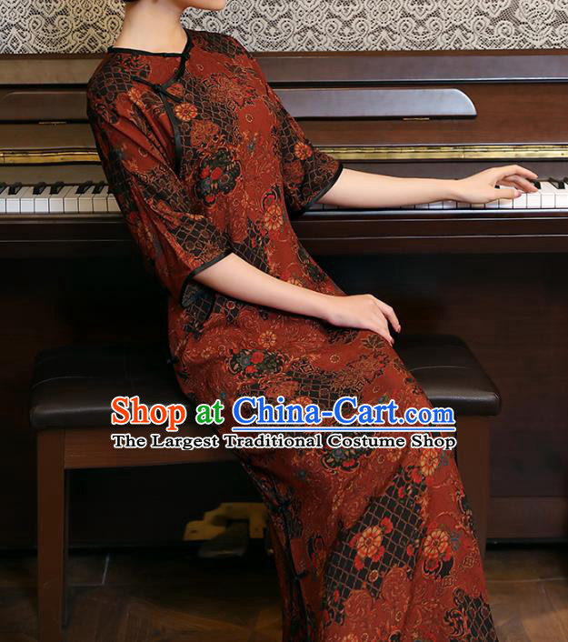 Chinese Classical Dark Red Qipao Dress National Woman Costume Traditional Slant Opening Cheongsam