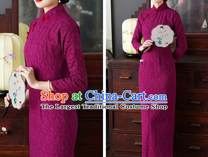 Chinese Traditional Jacquard Rosy Cheongsam National Young Lady Costume Classical Qipao Dress