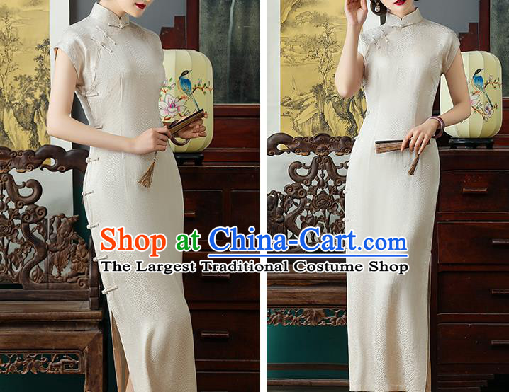 Chinese National Costume Beige Tencel Qipao Dress Traditional Slim Cheongsam Clothing