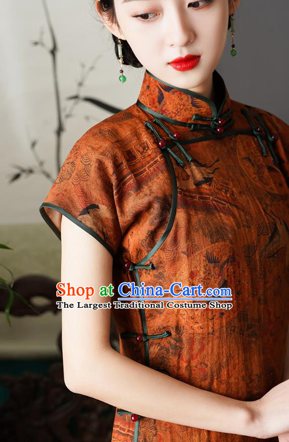 Chinese Traditional Printing Orange Cheongsam National Young Lady Costume Classical Tencel Qipao Dress