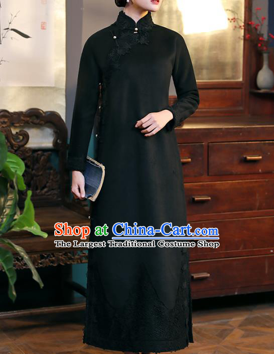 Chinese Classical Lace Qipao Dress National Shanghai Woman Costume Traditional Black Woolen Cheongsam