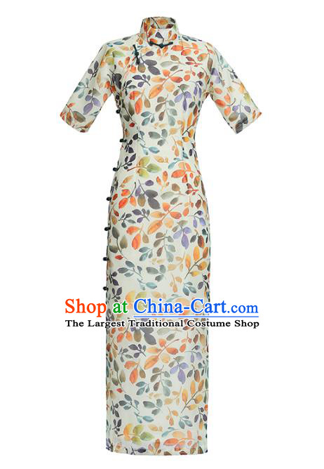 Chinese National Shanghai Beauty Costume Printing Leaf Tencel Qipao Dress Traditional Slim Cheongsam